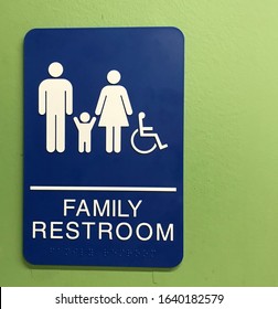 Family Restroom Sign With Male, Female, Child And Handicapped Symbol (braille Text Included)