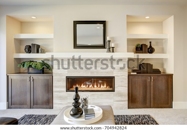 Family Room Design Traditional Fireplace Framed Stock Image