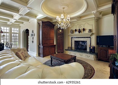 Family Room In Luxury Home With Fireplace