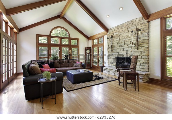 Family Room Luxury Home Stone Fireplace Stock Photo Edit Now