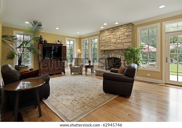 Family Room Luxury Home Stone Fireplace Stock Photo Edit Now