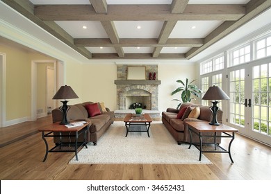 Family Room With Wood Beam Ceiling