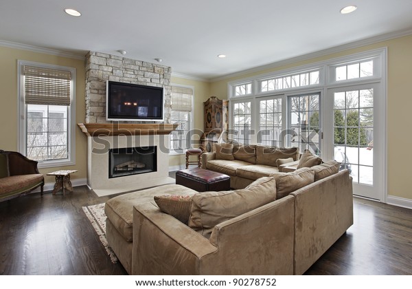 Family Room Wood Stone Fireplace Stock Photo Edit Now 90278752