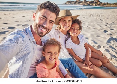 Family, selfie and kids bonding on beach in trust, safety and security summer holiday by Mexico ocean or sea. Pov portrait, smile and happy parents with children or girls for social media photograph - Powered by Shutterstock