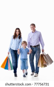 Family With Shopping Bags On A White Background