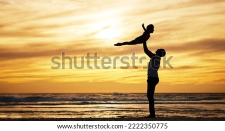 Family, silhouette and sunset by beach with dad lifting child in air to fly while on vacation in summer with love, care and support outdoor. Man and kid playing airplane while on holiday by sea