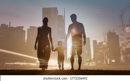 Family Silhouette Walking Together In Modern Urban City. Double Exposure