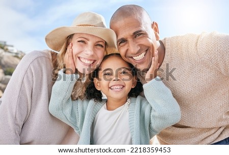 Family, smile and face portrait in nature on holiday, vacation or summer trip. Diversity, travel and parents, father and mother with girl, love and care, spending quality time together and bonding.