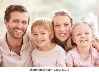 Family Smile, Home Relax And Parents With Love For Children In Their House Together. Face Portrait Of Girl And Boy Sibling Kids, Mother And Father With Smile For Calm, Peace And Happiness In Norway