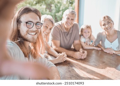 Family, smile and selfie by house for relax, bonding and social media together on patio with generations. Grandparents, people and children by home for memory, profile picture and support on weekend - Powered by Shutterstock