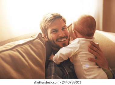 Family, sofa and portrait of father with baby for bonding, relationship and care for parenting. Morning, home and happy dad and newborn infant for child development, love and affection in living room - Powered by Shutterstock