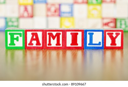 Family Spelled Out In Alphabet Building Blocks