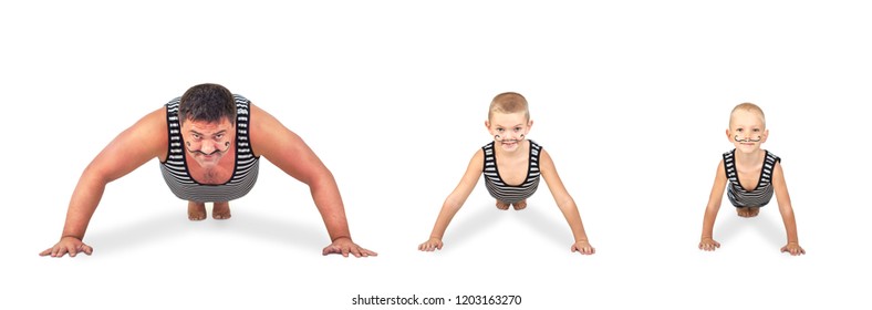 Family Of Strongman. The Father Of Two Sons In Vintage Costume Of Athletes Perform Strength Exercises. Family Look.