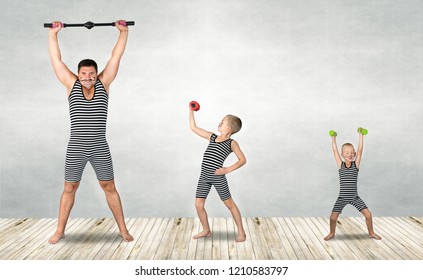 Family Of Strongman. The Father Of Two Sons In Vintage Costume Of Athletes Perform Strength Exercises. Family Look.