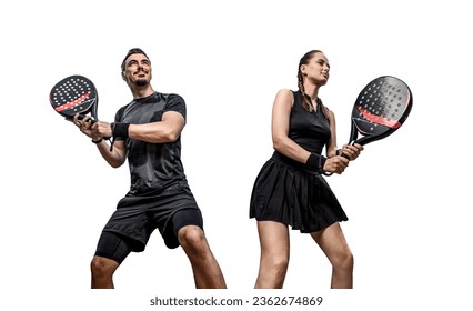 Family team. Group of two padel tennis players with racket. Woman and man athletes with paddle racket isolated on white background. Sport concept. Download a high quality photo for a sports app. - Powered by Shutterstock