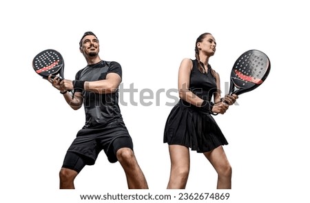 Family team. Group of two padel tennis players with racket. Woman and man athletes with paddle racket isolated on white background. Sport concept. Download a high quality photo for a sports app.