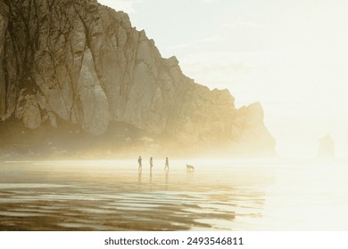 A family and their dog strolls the beach at sunset in Morro Bay, California - Powered by Shutterstock