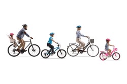 Family With Three Children Riding Bicycles Isolated On White Background