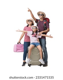 Family Travel Concept, Full body Happy asian family vacation, Father, mother and little daughter suitcases with hand pointing ready for vacation trip, isolated on white, Clipping Paths