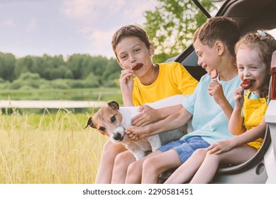 Family traveling by car having picnic in nature. Smiling children eating popsicle