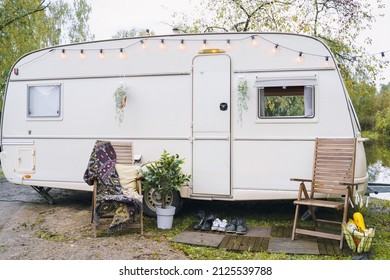 Family Traveling In Camper,house On Wheels,trailer,motor Home. Romantic Road Travel,freedom Life.Campsite Overnight, Parking In Van.Wanderlust Vacation,weekend. Happy Adventure.Relax Area With Chairs.