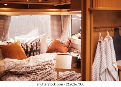 Family Traveling In Camper.Inside House On Wheels,trailer,motor Home.Bed In Little Bedroom.Romantic Road Travel,freedom Life.Campsite Overnight,van Parking.Wanderlust Vacation,weekend.Happy Adventure.