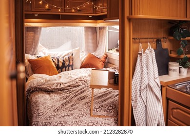 Family Traveling In Camper.Inside House On Wheels,trailer,motor Home.Bed In Little Bedroom.Romantic Road Travel,freedom Life.Campsite Overnight,van Parking.Wanderlust Vacation,weekend.Happy Adventure.