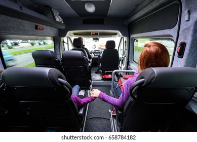 Family Travelling In Minivan To Airport. People On Public Transport Bus Or Van Are Travelling To Airport For Vacation. Aerodrome Transfer Service Vehicle.