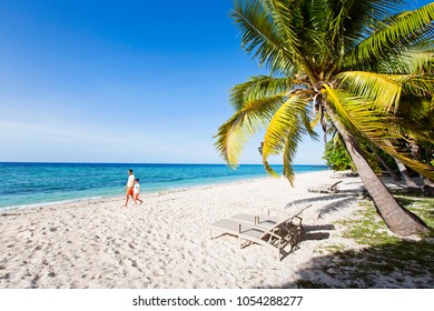 Family Of Two, Father And Son, Walking At Beautiful White Sand Beach At Tropical Island At Fiji, Family Vacation Concept