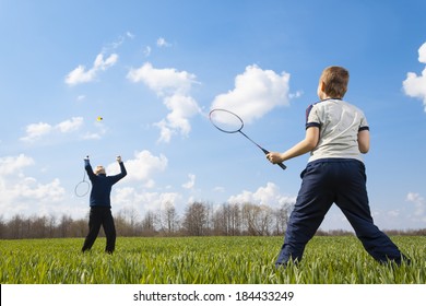 Family - two little boys playing badminton on green meadow