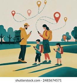 a family using an app in a park to find locations vectors map markers dotted lines