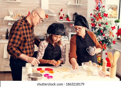 Family Using Shape Cutter For Dough On Christmas Day Waring Apron And Bonette. Happy Cheerful Joyfull Teenage Girl Helping Senior Woman Preparing Sweet Cookies To Celebrate Winter Holidays.