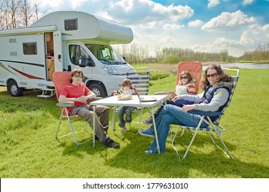 Family Vacation, RV Travel With Kids, Happy Parents With Children Have Fun On Holiday Trip In Motorhome, Camper Exterior
