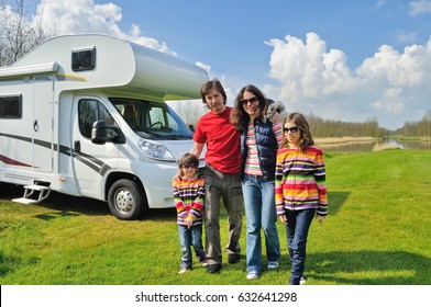 Family Vacation, RV Travel With Kids, Happy Parents With Children On Holiday Trip In Motorhome, Camper Exterior
