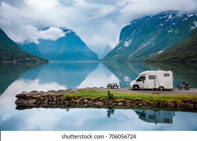 Family vacation travel, holiday trip in motorhome, Caravan car Vacation. Beautiful Nature Italy natural landscape Alps. - Shutterstock ID 706056724