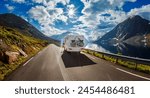 Family vacation travel RV, holiday trip in motorhome, Caravan car Vacation. Beautiful Nature Norway natural landscape.