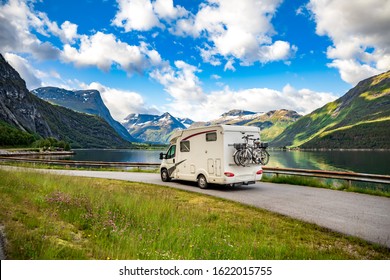 Family vacation travel RV, holiday trip in motorhome, Caravan car Vacation. Beautiful Nature Norway natural landscape. - Shutterstock ID 1622015755