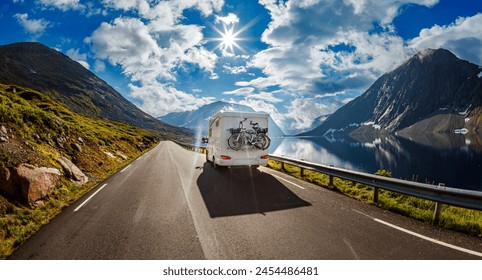 Family vacation travel RV, holiday trip in motorhome, Caravan car Vacation. Beautiful Nature Norway natural landscape.