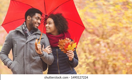 Family Walk. Afro Couple Under Umbrella At Rainy Day, Dating In Park, Copy Space