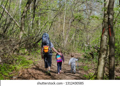 Family Walk Or Hike Through The Forest In Early Spring