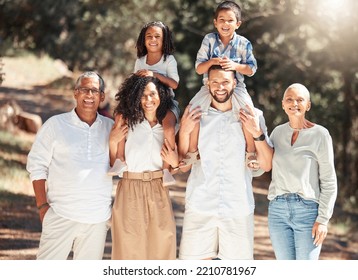 Family, Walk And Smile Together In Nature, Trees And Sunshine While On Vacation. Mom, Dad And Grandparents Walking With Kids In Forest, Field Or Park In Spring For While On Holiday In Philippines