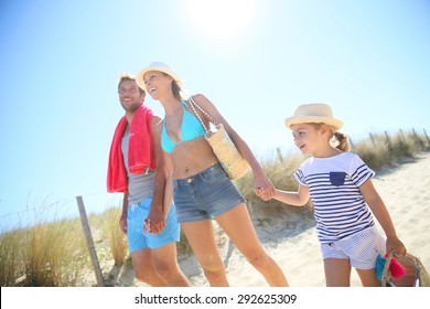 Family Walking To The Beach On A Sunny Day