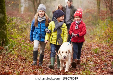 Family Walking Dog Through Winter Woodland