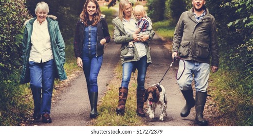 Family Walking Dog Togetherness Nature Concept