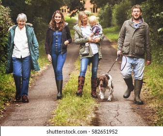 Family Walking Dog Togetherness Nature Concept