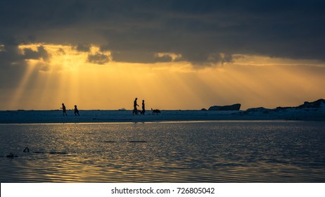 A Family Walking Their Dog On The Beach At Sunset