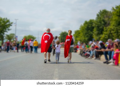 Family Walking With Turkish Flags.