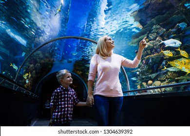 Family watchig fishes at a aquarium