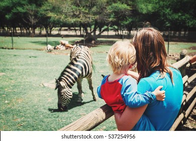 family in zoo- mother and son looking at zebra