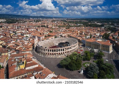 Famous amphitheater in Italy aerial view. Verona, Italy aerial view of the historic city. Aerial panorama of Piazza Bra in Verona. Monument to Unesco Arena di Verona top view.